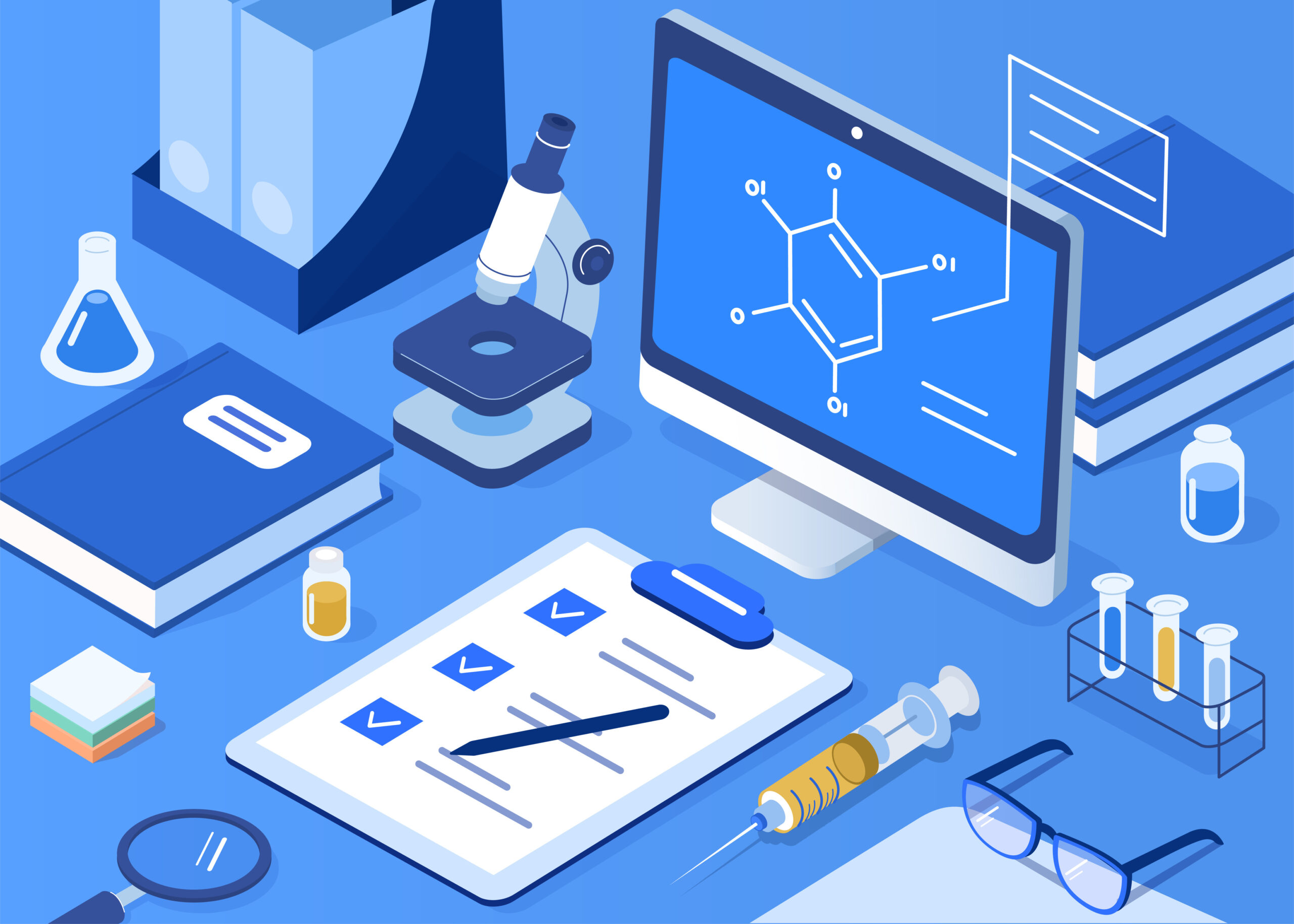 Illustration of a scientific research workspace featuring a computer displaying a chemical structure, microscope, lab books, a checklist on a clipboard, syringe, test tubes, flasks, post-it notes, glasses, and sample vials, all set against a blue background.