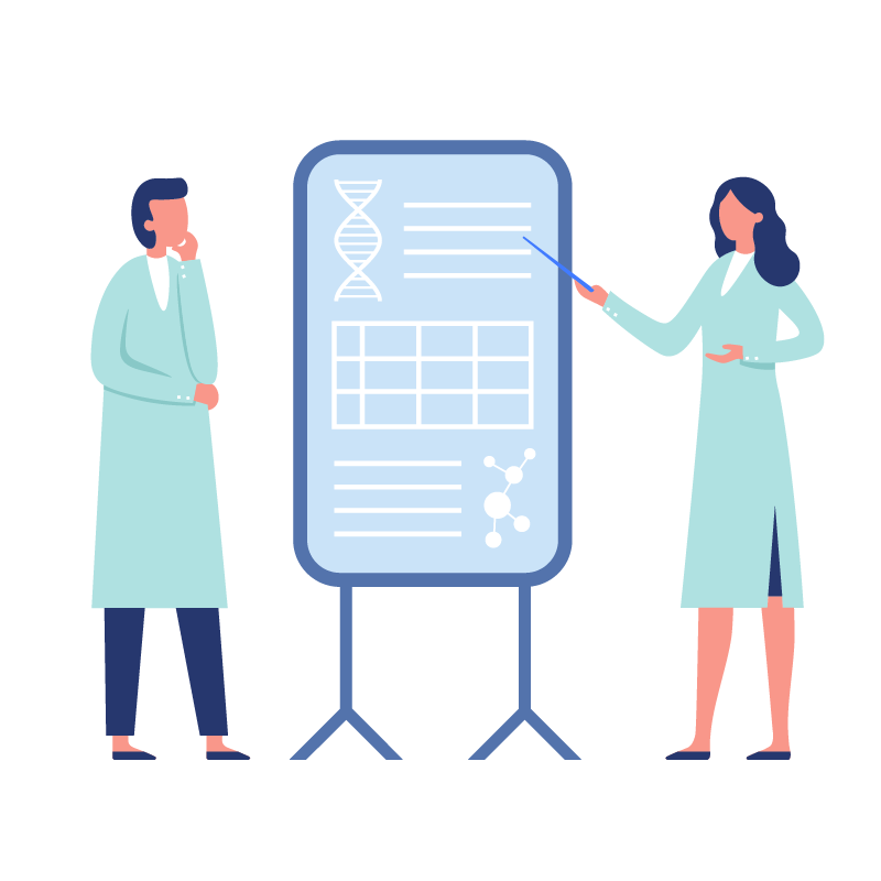 Two researchers in lab coats stand by a scientific presentation board, one explaining data visualisations including a DNA strand and molecule diagram.