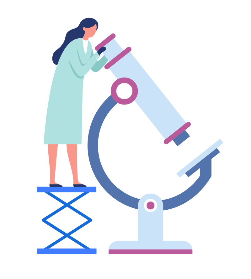 A female researcher stands on a platform and looks through a large microscope, symbolising close examination and detailed analysis.