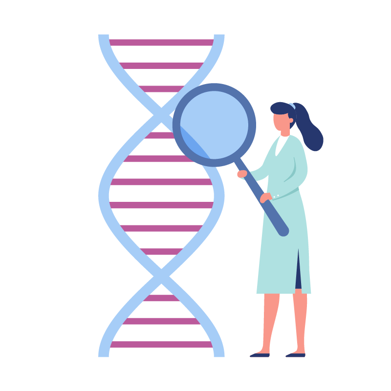 A female scientist in a lab coat examines a large DNA double helix with a magnifying glass, symbolising genetic research or innovation in genomics.