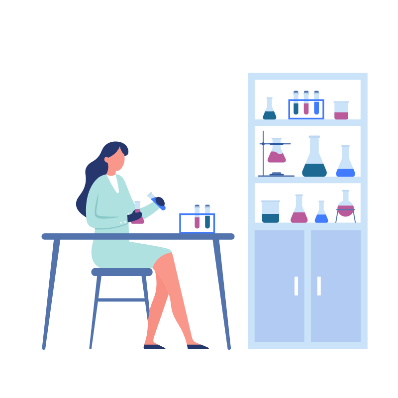 A female scientist sits at a lab bench handling test tubes, with a storage cabinet of laboratory glassware in the background.