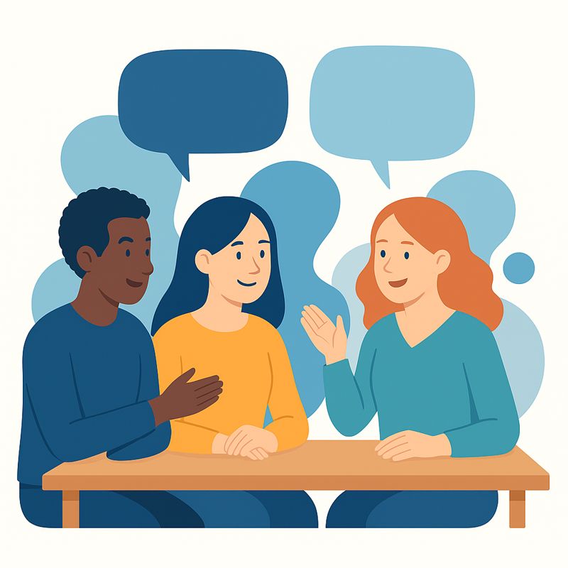Illustration of three individuals having a conversation