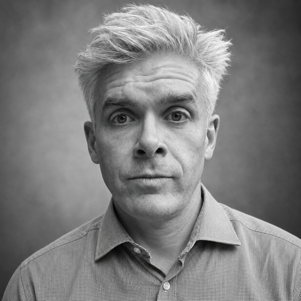 Black and white photo of Ralph Scott wearing a shirt and looking at the camera.
