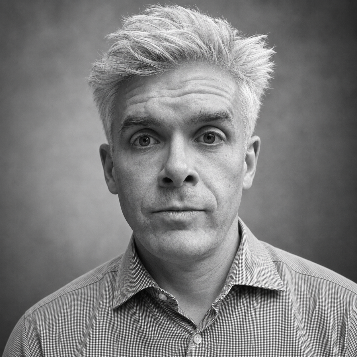 Black and white photo of Ralph Scott wearing a shirt and looking at the camera.