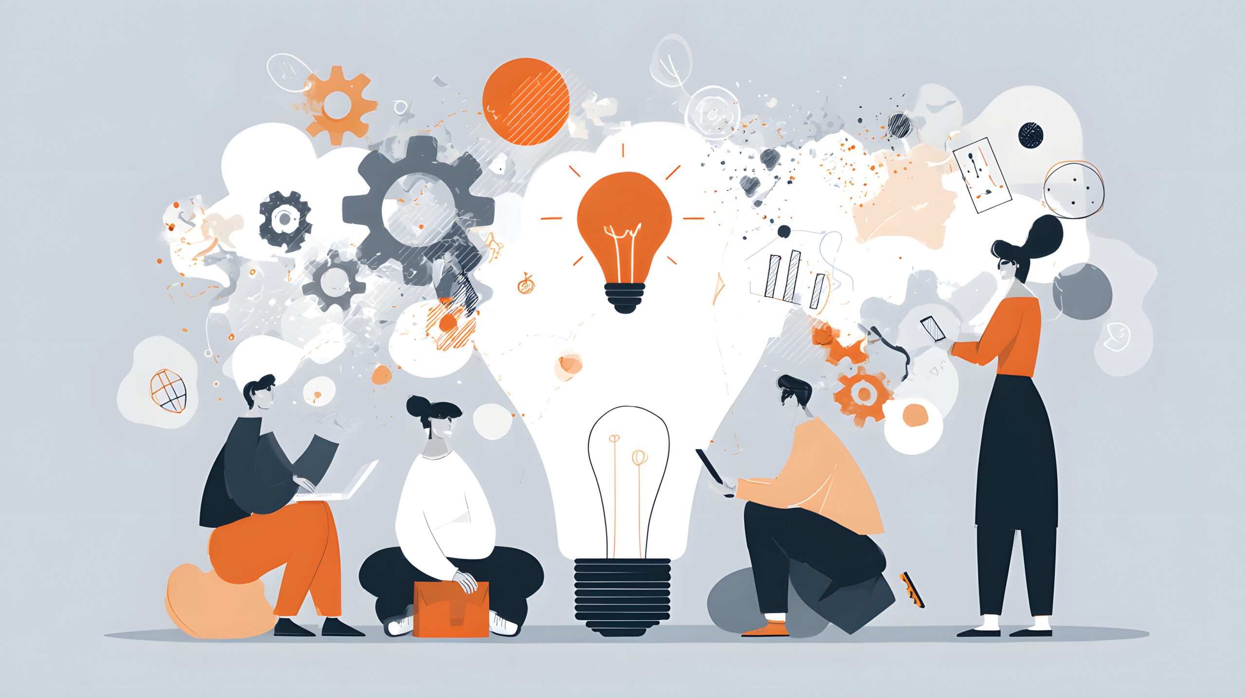 Illustration of people working together around a large lightbulb, symbolising collaboration between patients, public contributors, researchers and the NHS to shape health research and the responsible use of NHS data.