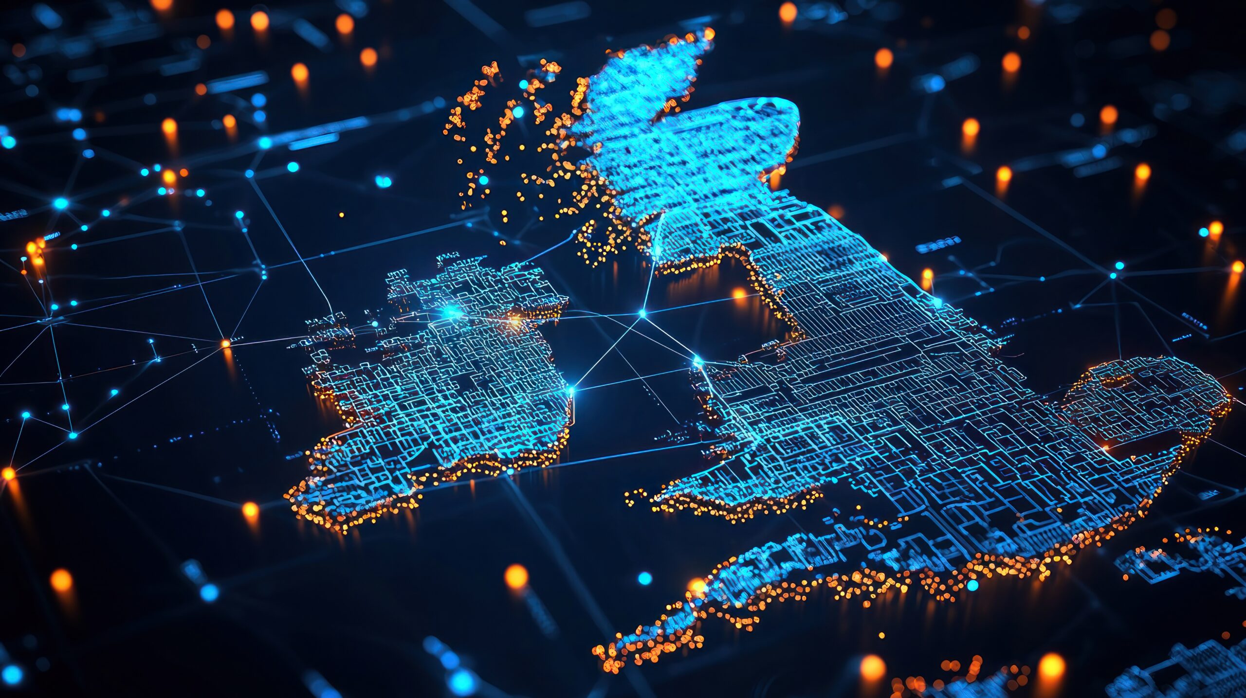 Digital map of England illuminated with blue and orange data networks and connected points.
